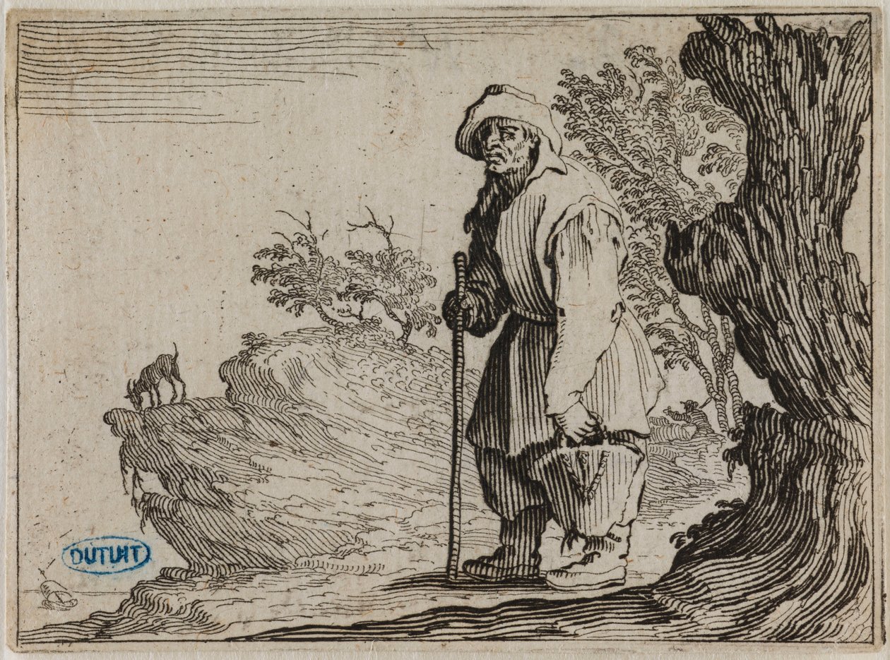 Rozmary, Sedlák nesoucí svůj pytel. Třicátý první list ze série 50 listů vyrytých v Nancy (Lieure 458, Meaume 827) od Jacques Callot