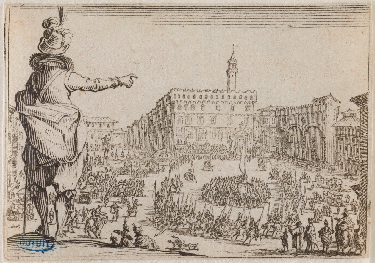 Rozmary, Slavnost na náměstí Signoria ve Florencii. Čtyřicáté šesté číslo souboru 50 tisků rytých v Nancy (Lieure 473, Meaume 859) od Jacques Callot