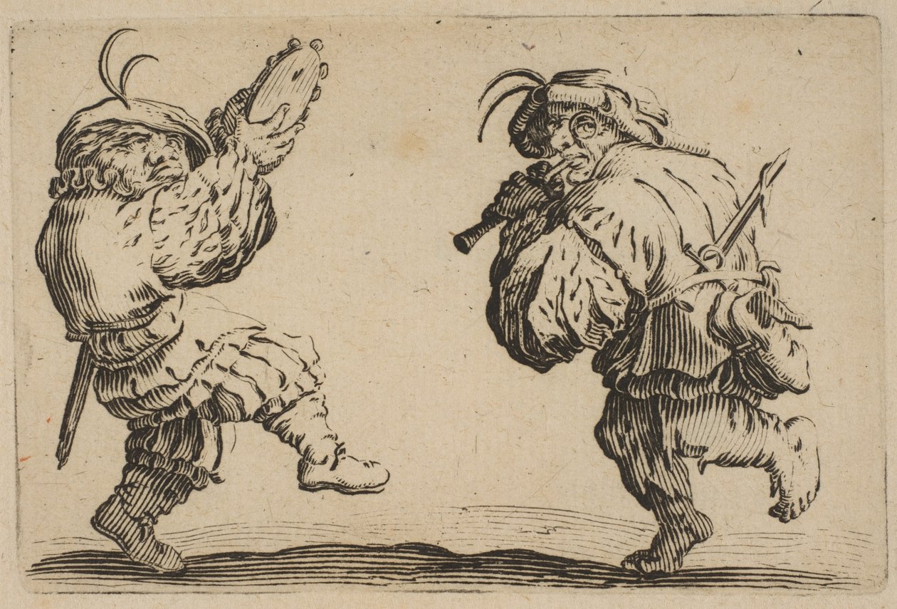 Les Danseurs a la Flute et au Tambourin Dva tanečníci hrající na flétnu a tamburi..., 1617-20. od Jacques Callot