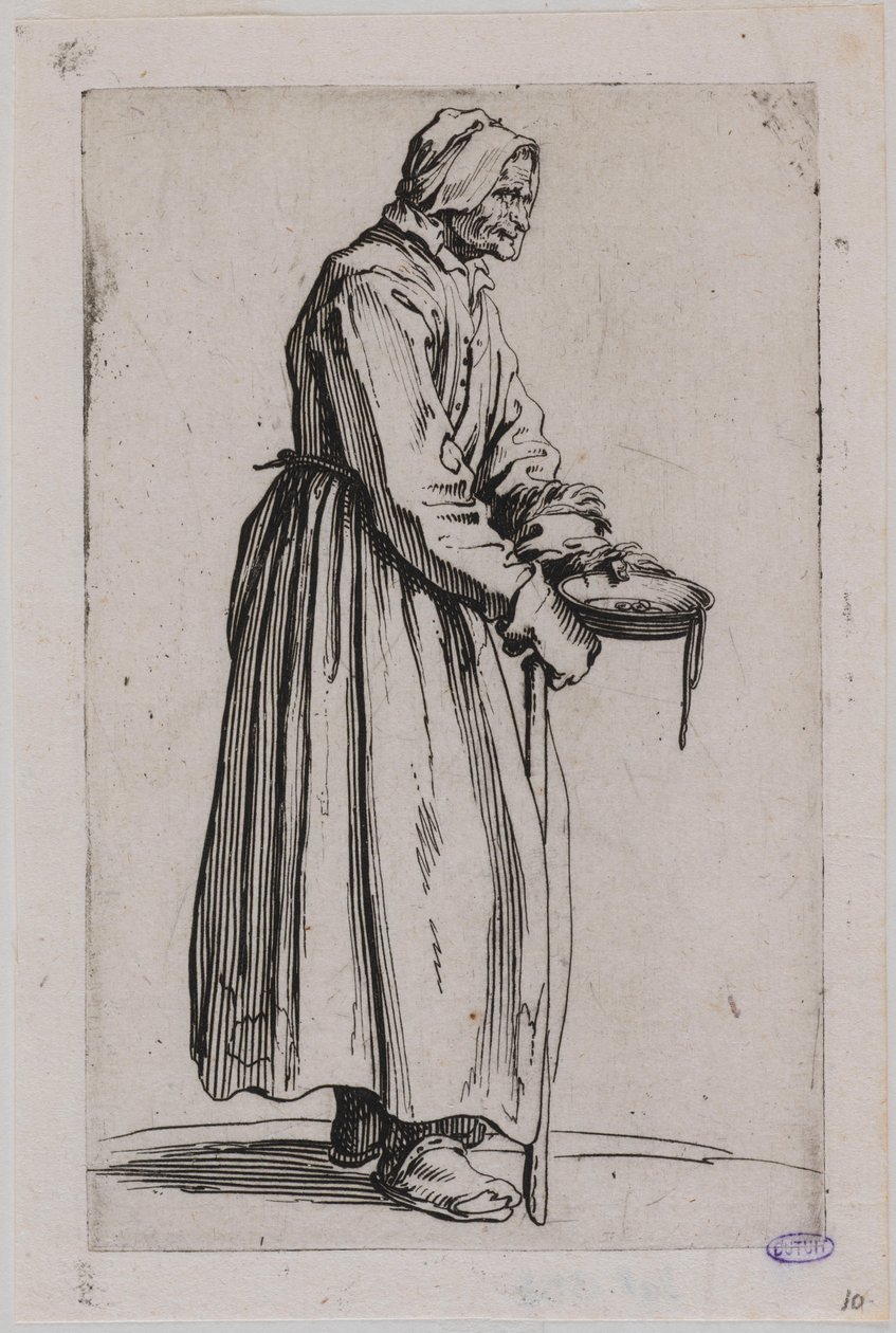 Žebráci, Žebračka s miskou. Dvacátá skladba ze série 25 skladeb (Lieure 498, Meaume 704) od Jacques Callot