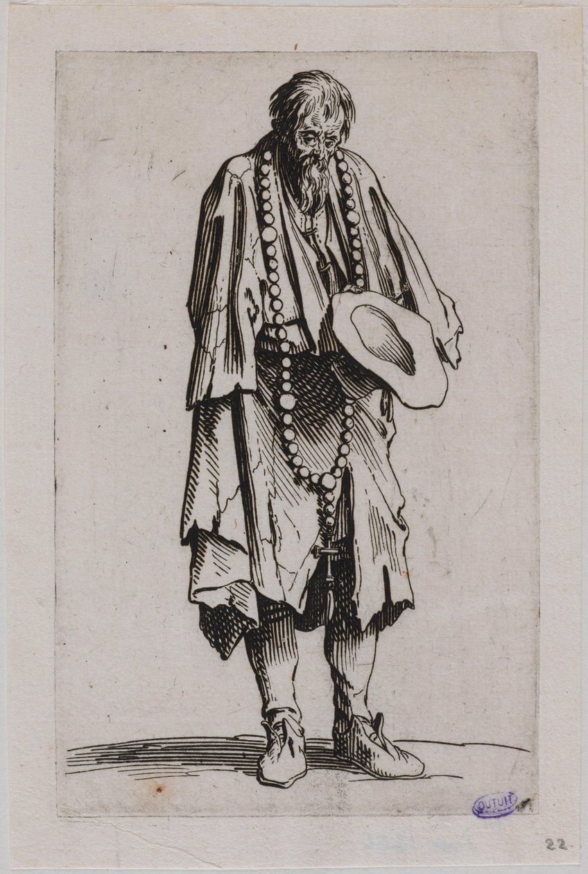 „Les Gueux“, „Žebrák s růžencem“. Jedenáctá skladba z cyklu 25 skladeb (Lieure 489, Meaume 695) od Jacques Callot