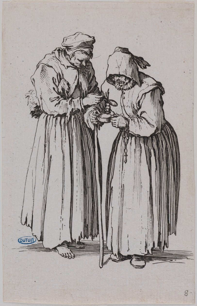 Žebráci, dvě žebračky. Osmé číslo ze série 25 kusů (Lieure 486, Meaume 692) od Jacques Callot
