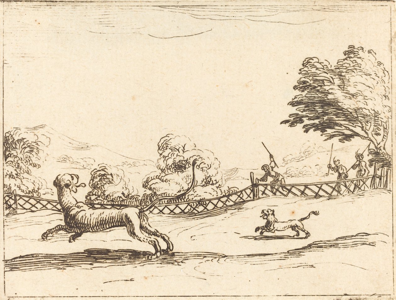 Lvice a mládě pronásledované lovci od Jacques Callot