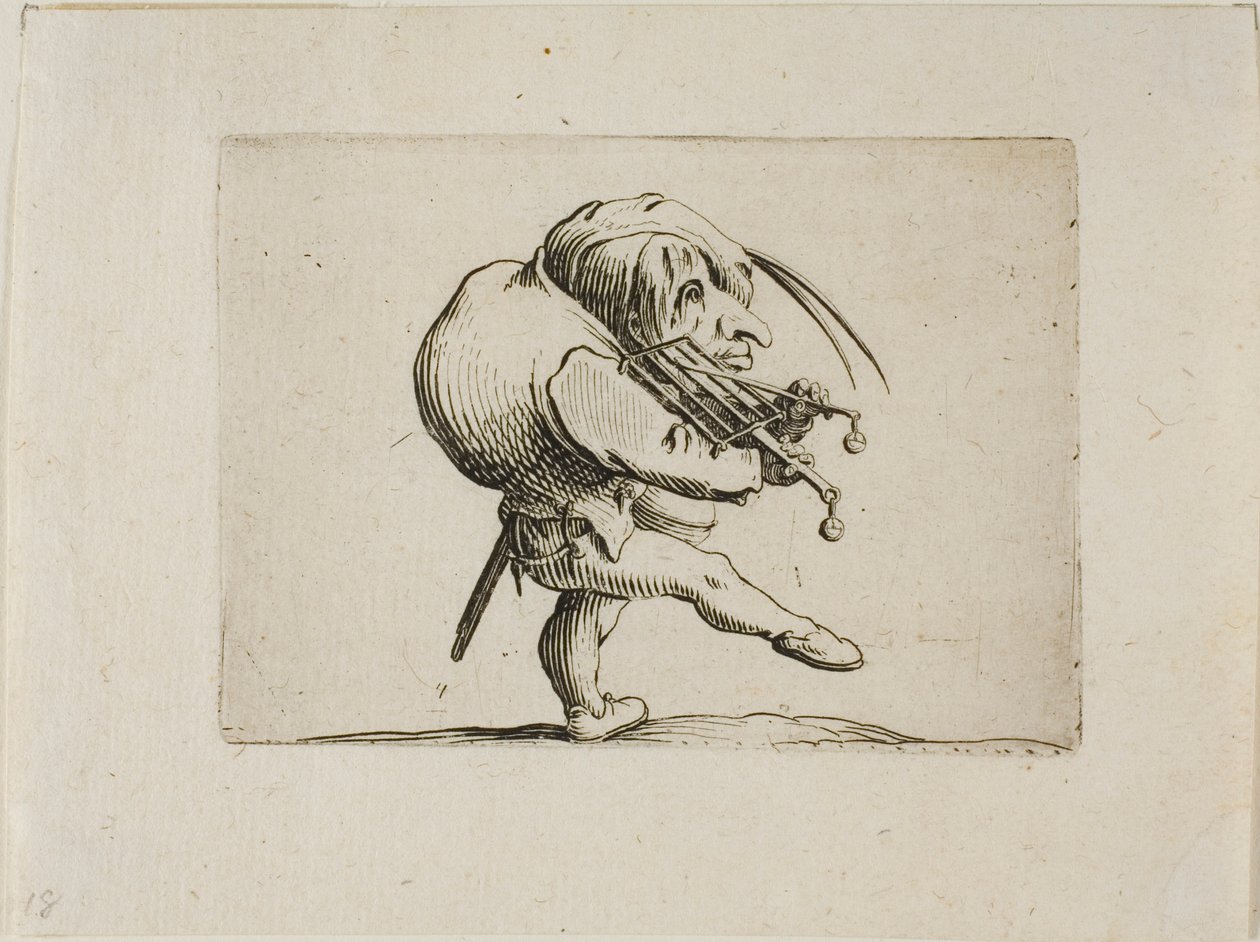 Muž hrající na gril jako housle, z Varie Figure Gobbi od Jacques Callot