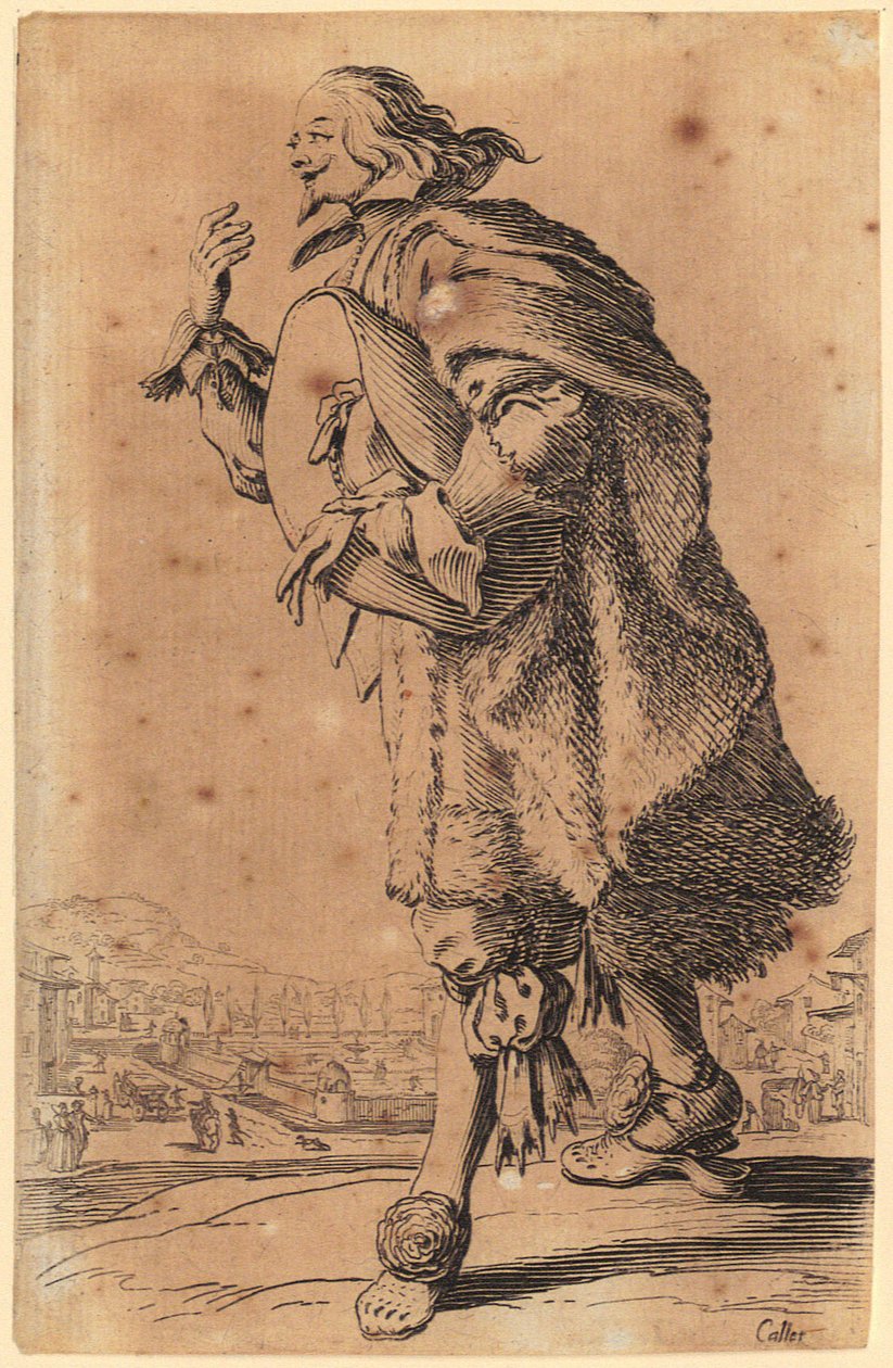 Mann streicht wie Geigenspieler über Grillrost, Blatt 19 der Folge "Die Zwerge" od Jacques Callot