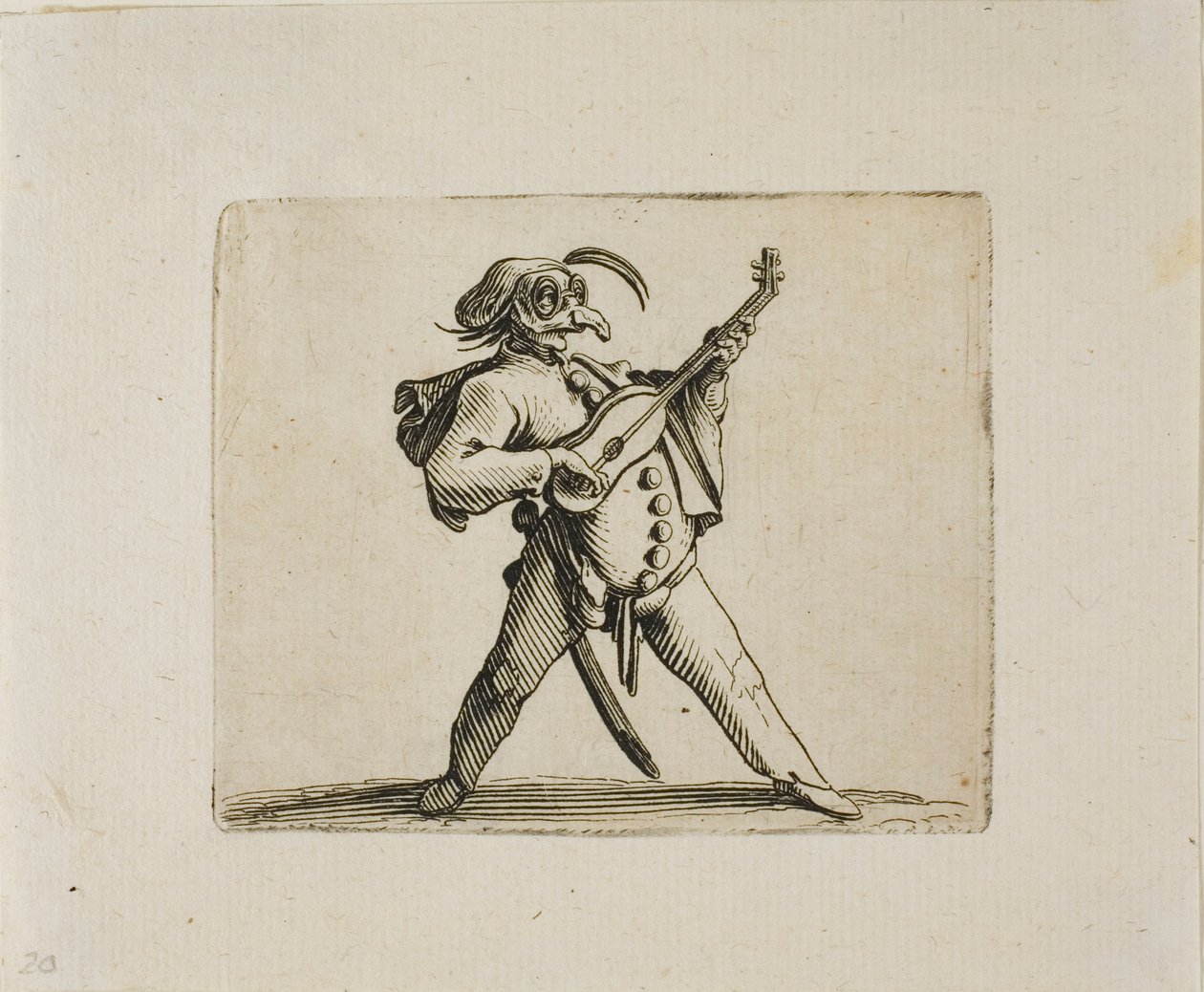 Maskovaný komik hrající na kytaru z Varie Figure Gobbi od Jacques Callot