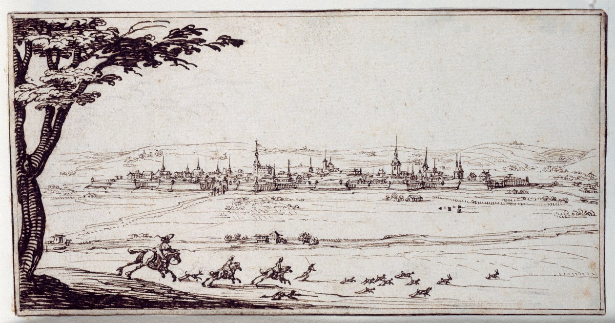 Nancy v dálce: Motáči pronásledují zajíce (pero a hnědý inkoust na papíře) od Jacques Callot