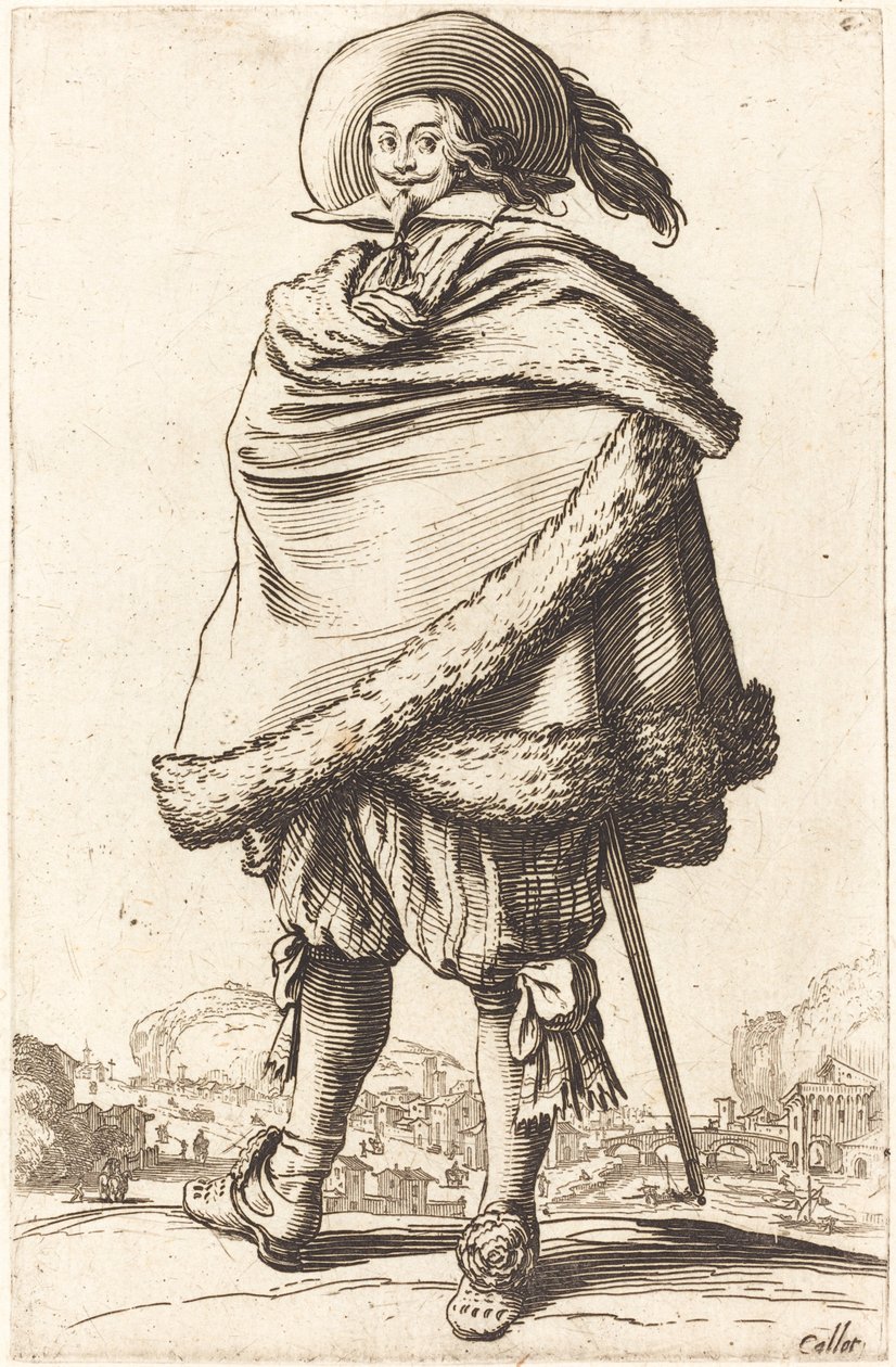 Ušlechtilý muž zabalený do pláště zdobeného kožešinou od Jacques Callot