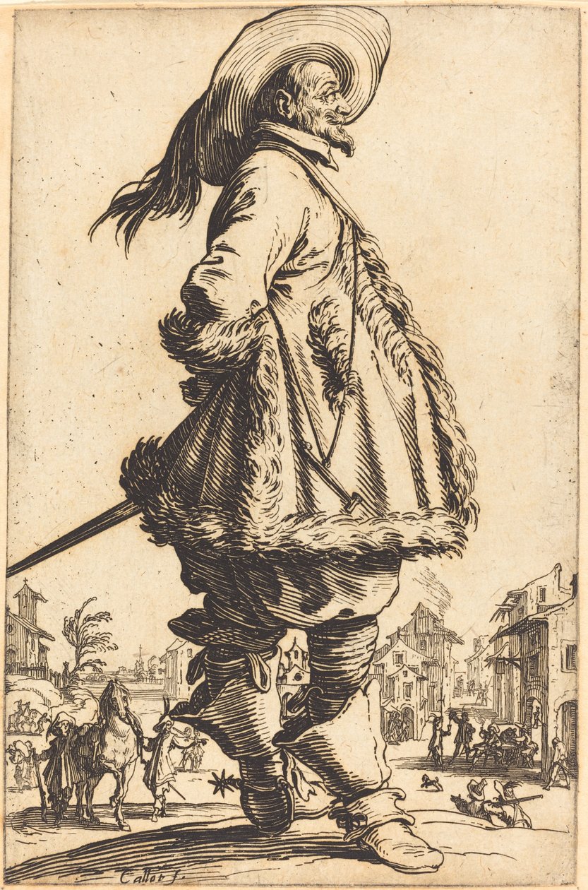 Ušlechtilý muž s pláštěm zdobeným v kožešině, držel ruce za zády od Jacques Callot