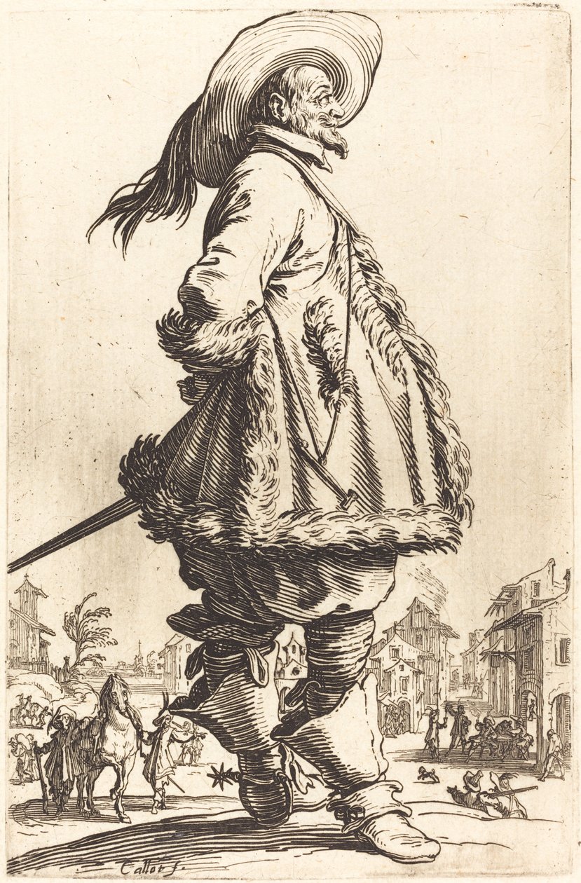 Ušlechtilý muž s pláštěm zastřiženým do kožešiny, držící ruce za zády, c. 16201623. od Jacques Callot