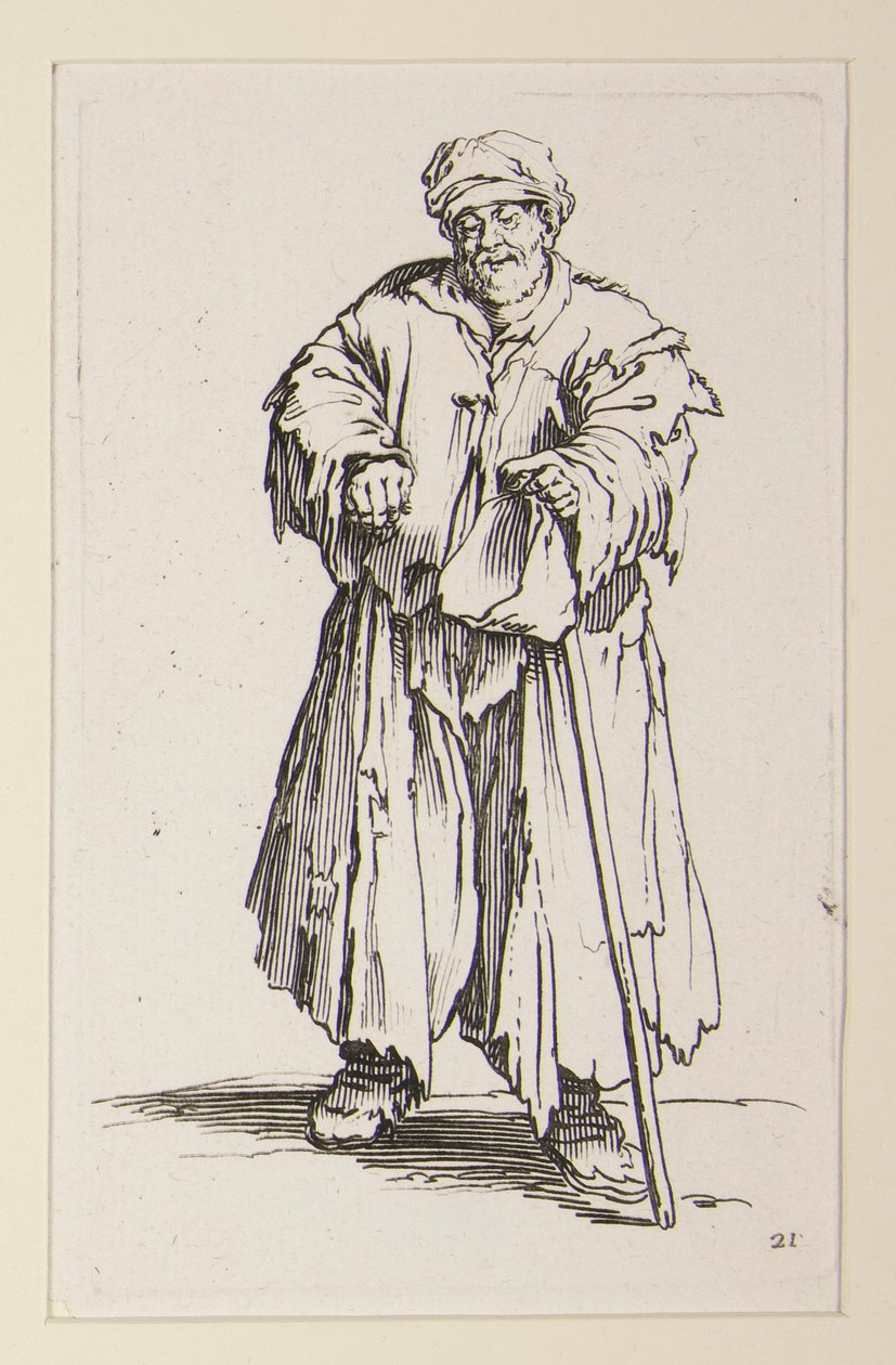 Obézní muž se sklopenýma očima, z Žebráků (Le mendiant obese aux yeux baisses) od Jacques Callot