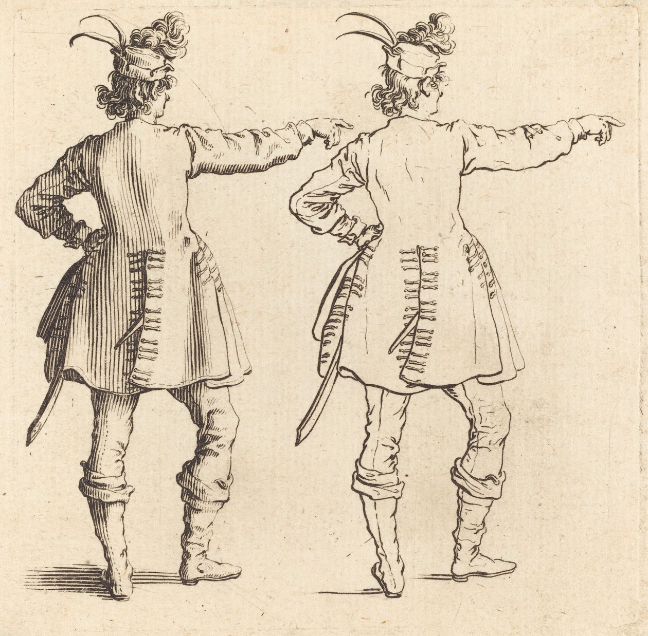 Důstojník s peřím v čepici, při pohledu zezadu od Jacques Callot