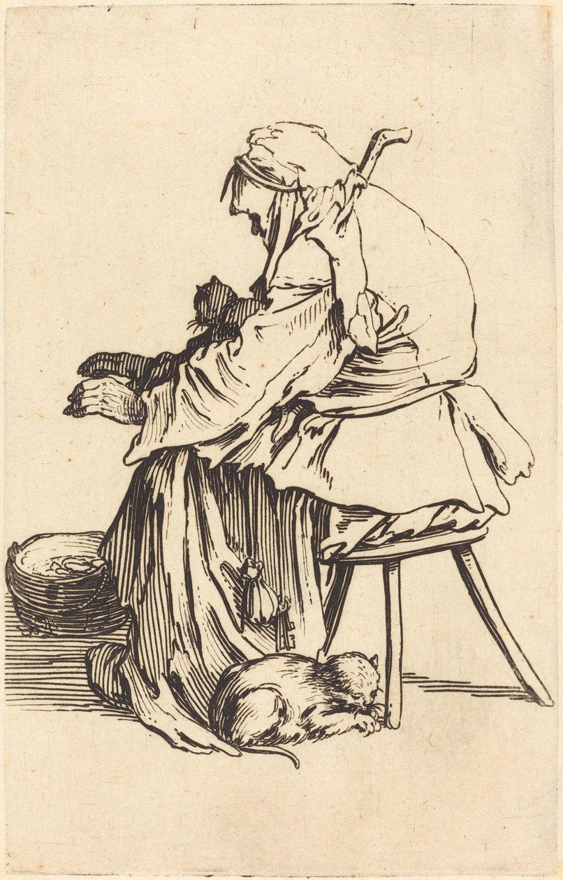Stará žena s kočkami od Jacques Callot