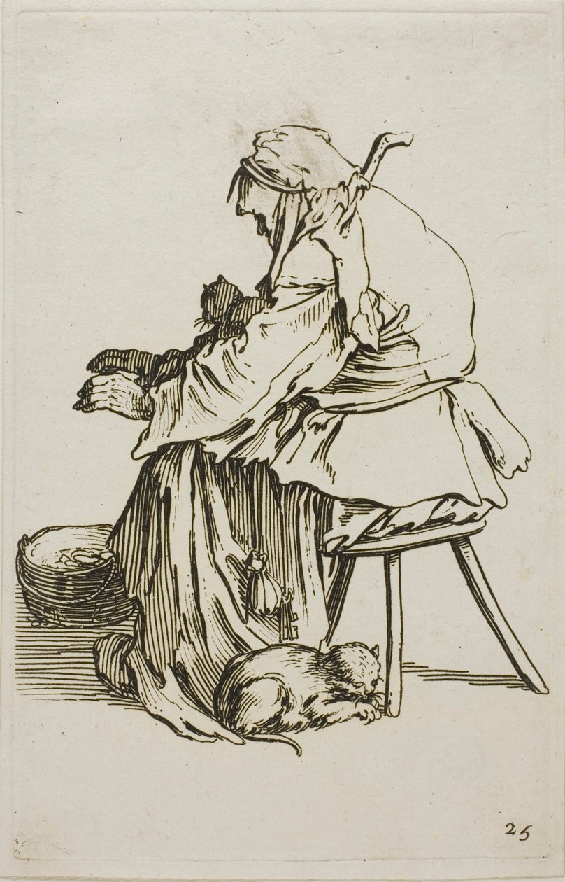 Stará žena s kočkami, deska 25 z The Beggars od Jacques Callot