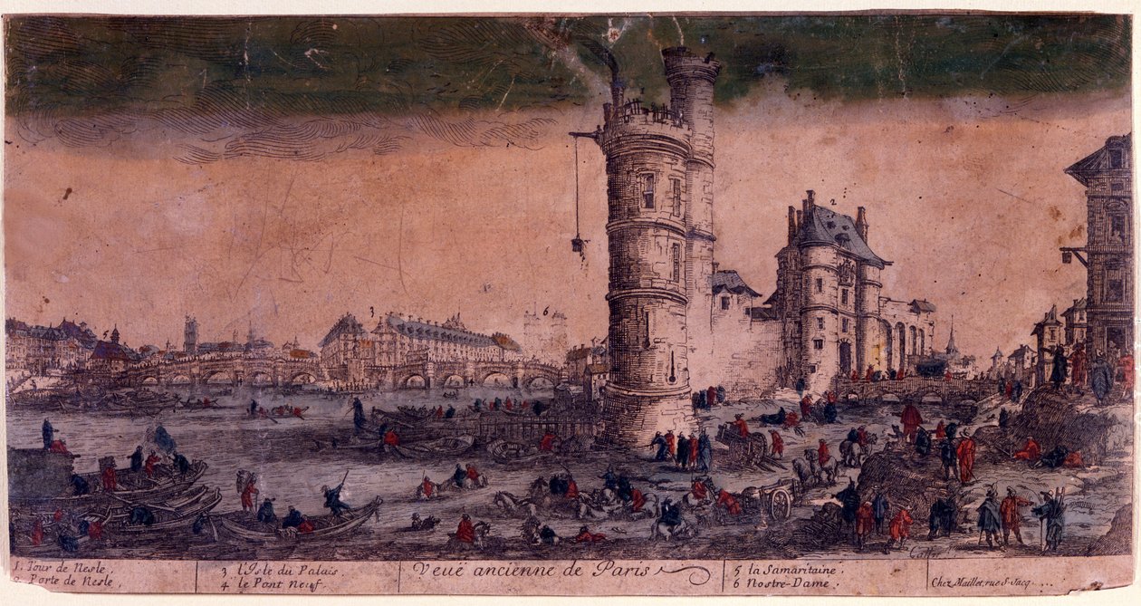 Paříž, Ile de la Cite, Le Pont Neuf a věž Nesle, rytina Jacques Callot. . od Jacques Callot