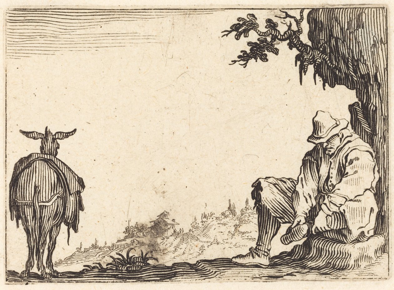 Sedlák zouvající si botu od Jacques Callot