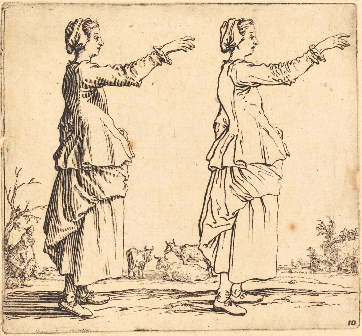Rolnická žena, z profilu, tváří vpravo, s nataženou paží od Jacques Callot
