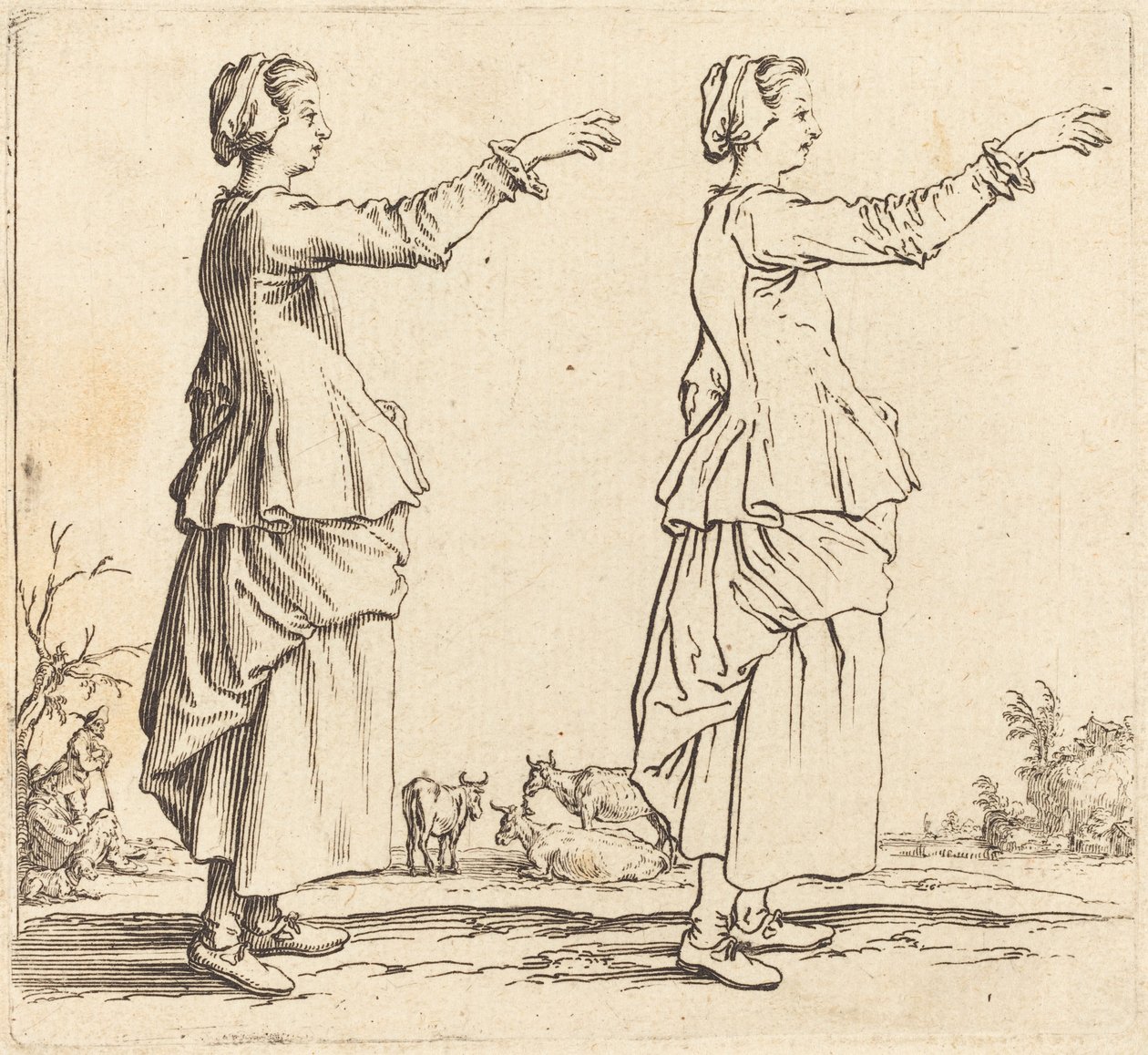 Rolnická žena, z profilu, tváří vpravo, s nataženou paží od Jacques Callot