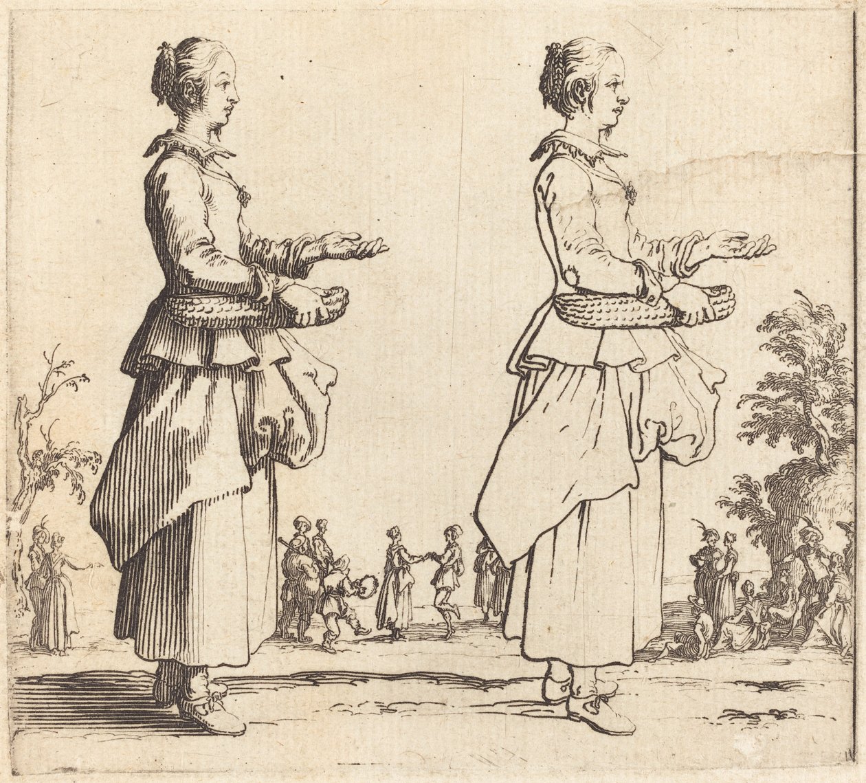 Rolnická žena s košíkem, v profilu, tváří vpravo od Jacques Callot