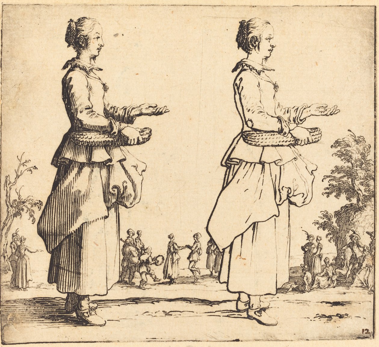 Rolnická žena s košíkem, v profilu, tváří vpravo od Jacques Callot