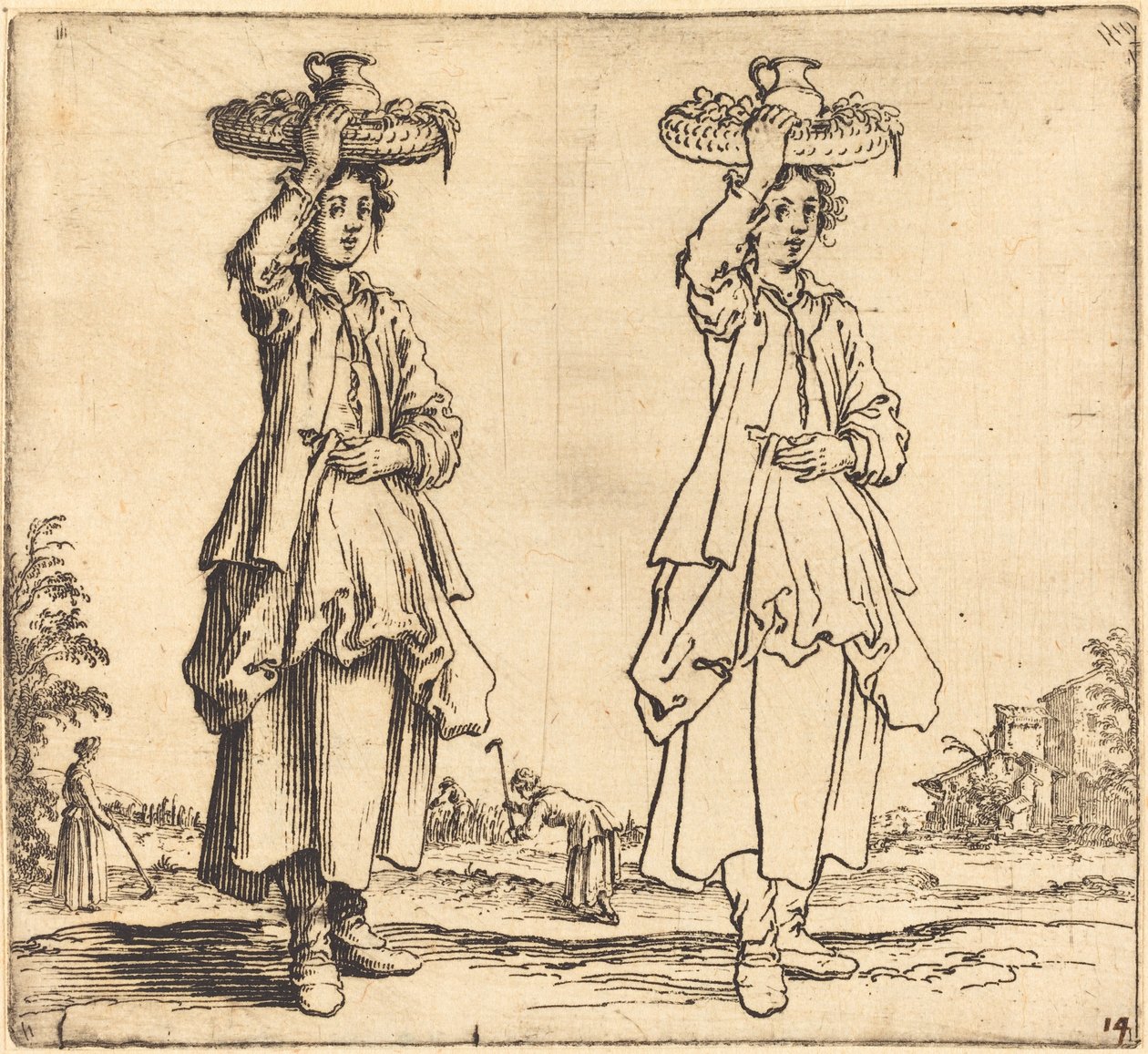 Rolnická žena s košíkem na hlavě, pohled zepředu od Jacques Callot