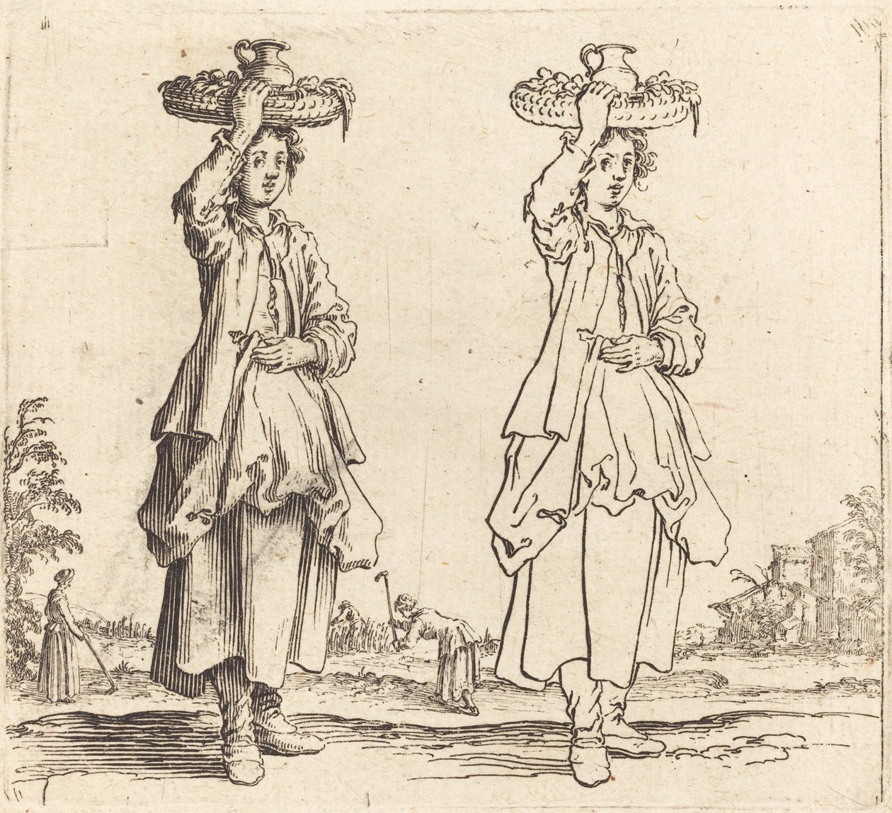 Rolnická žena s košíkem na hlavě, pohled zepředu od Jacques Callot