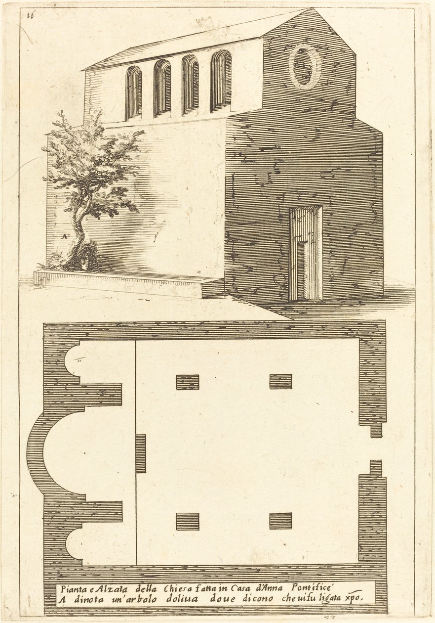 Plán a pohled na kostel poblíž domu Annáše od Jacques Callot