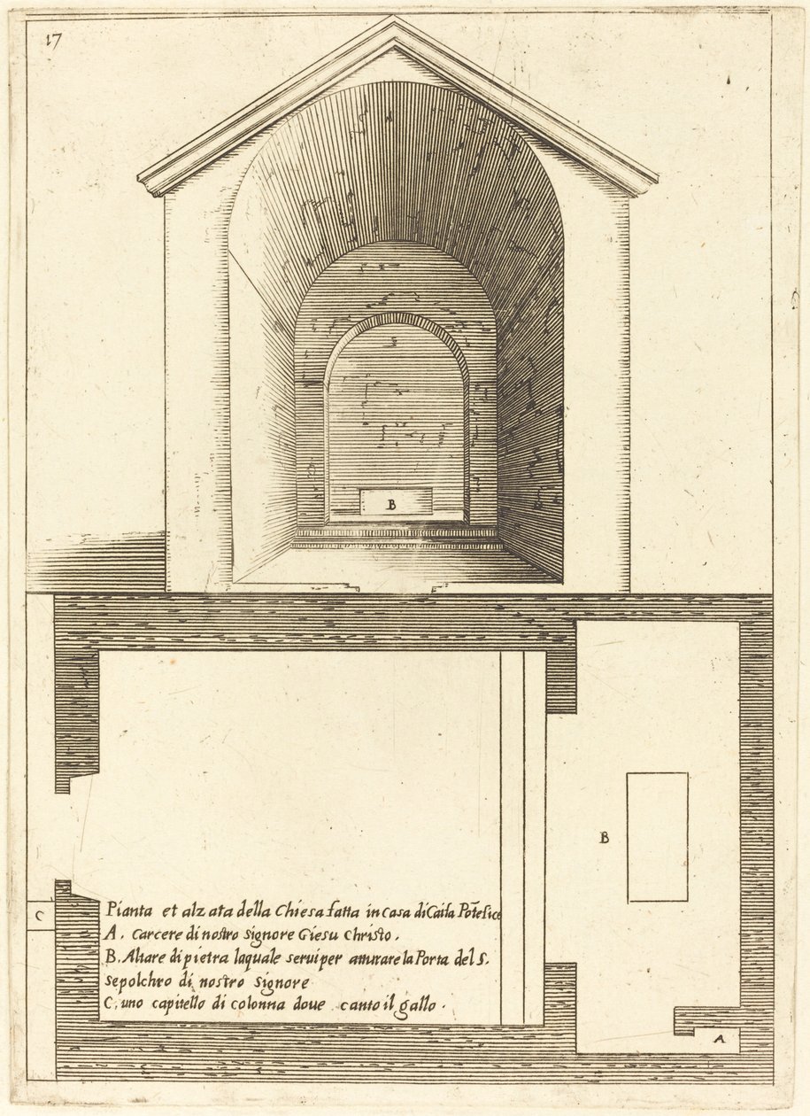 Plán a výška kostela poblíž domu Kaifáše od Jacques Callot