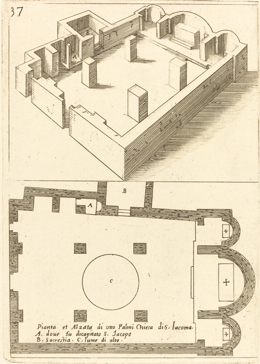 Plán a výška kostela S. Iacoma od Jacques Callot