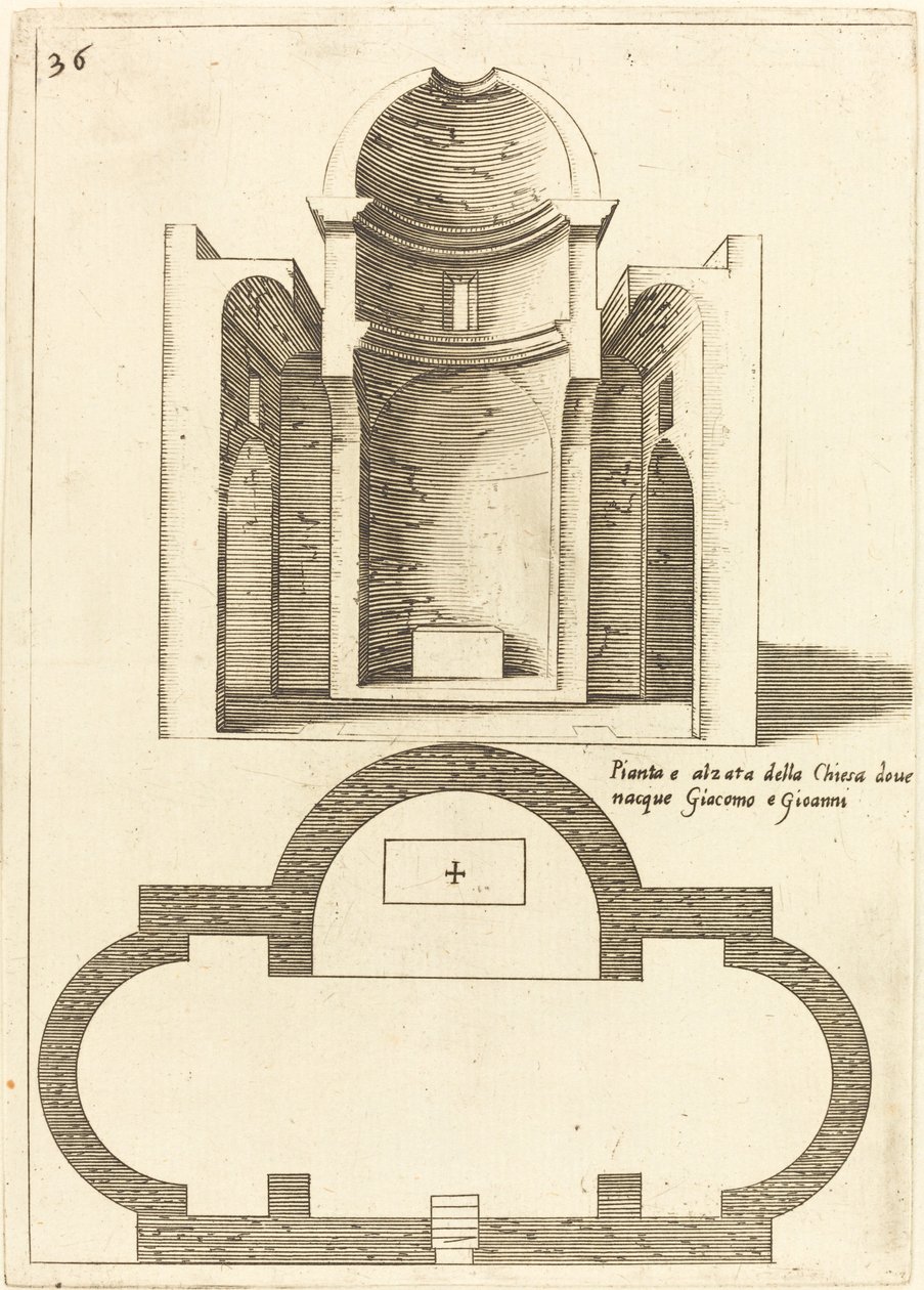 Plán a výška kostela svatých Jakuba a Jana, 1619. od Jacques Callot