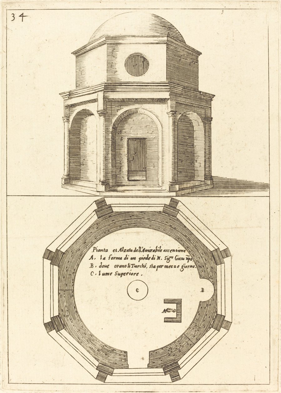 Plán a pohled na kostel Nanebevstoupení Páně od Jacques Callot
