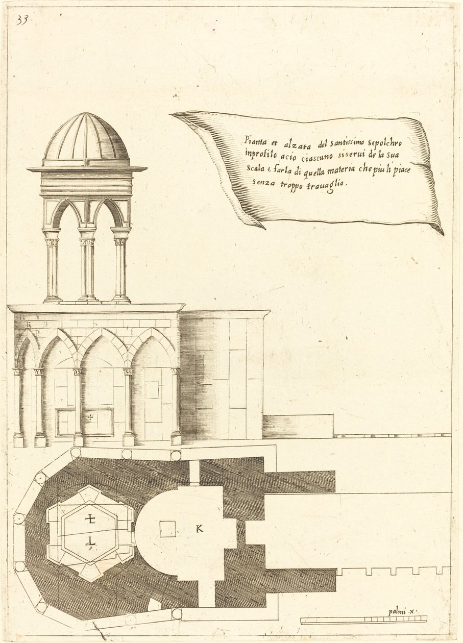 Plán a pohled na kostel Božího hrobu od Jacques Callot