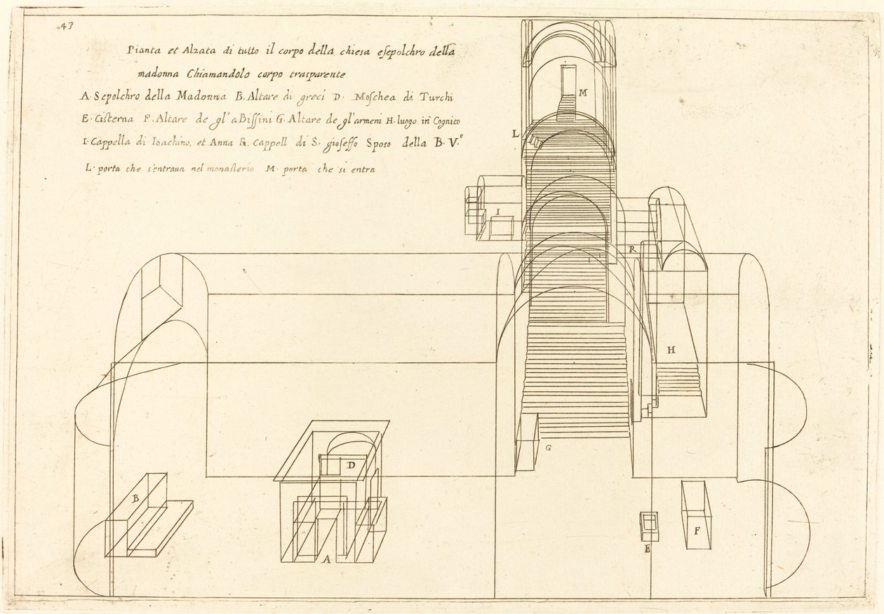 Půdorys a pohled na kostel Madonina hrobu od Jacques Callot