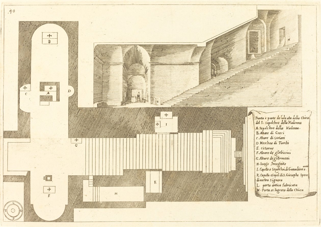 Plán a část převýšení kostela Božího hrobu Madony od Jacques Callot