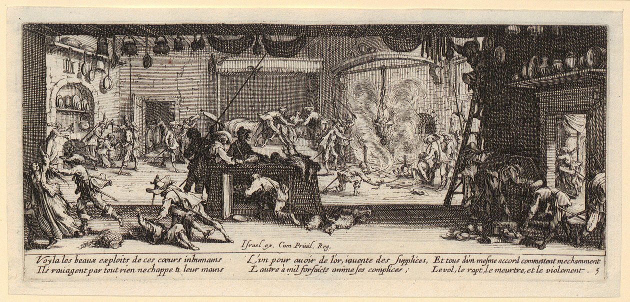 Vyplenění statku, list 5 z epizody „Hrůzy války“ od Jacques Callot