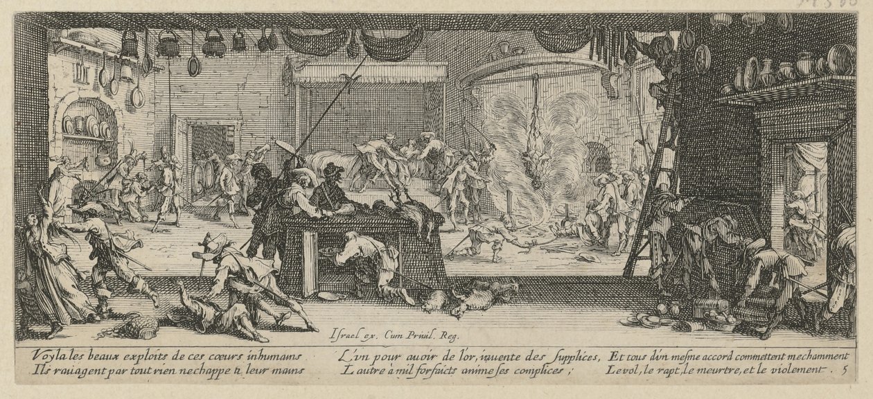 Vyplenění statku, list 5 ze série „Hrůzy války“ od Jacques Callot