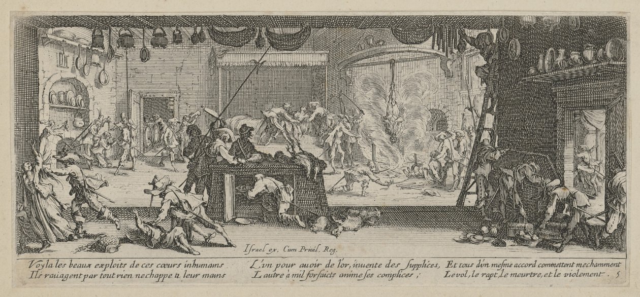 Vyplenění statku, list 5 ze série „Hrůzy války“ od Jacques Callot