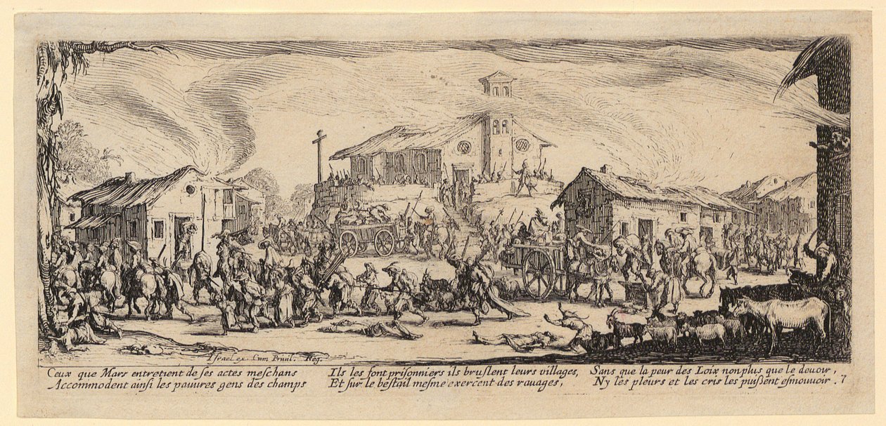 Plenění a vypálení vesnice, list 7 ze souboru „Hrůzy války“ od Jacques Callot
