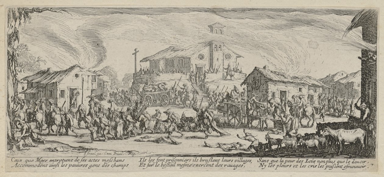 Vyplenění a vypálení vesnice, list 7 ze série „Hrůzy války“ od Jacques Callot