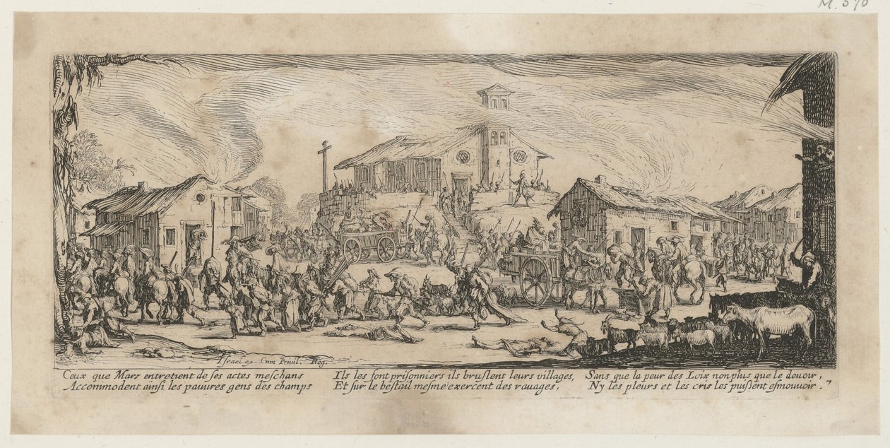 Drancování a vypálení vesnice, list 7 ze série „Hrůzy války“ od Jacques Callot