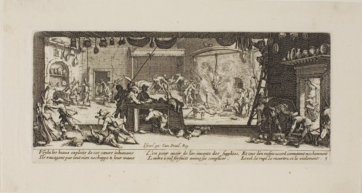 Drancování velkého statku, pátý talíř z knihy Válečné útrapy od Jacques Callot