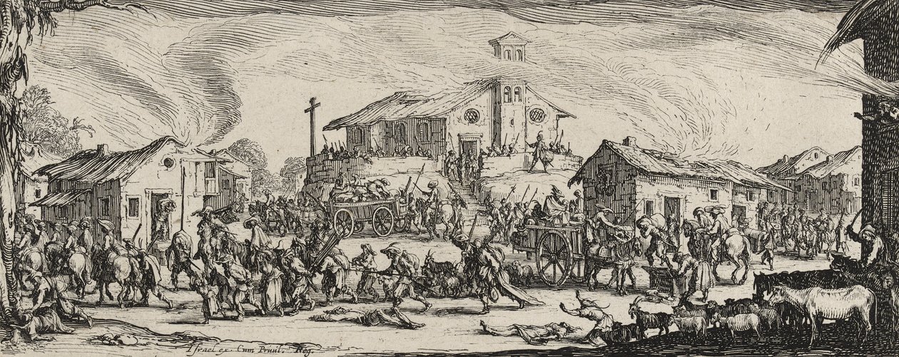 Plundrování a vypalování vesnice, 1633 (lept na položený papír) od Jacques Callot