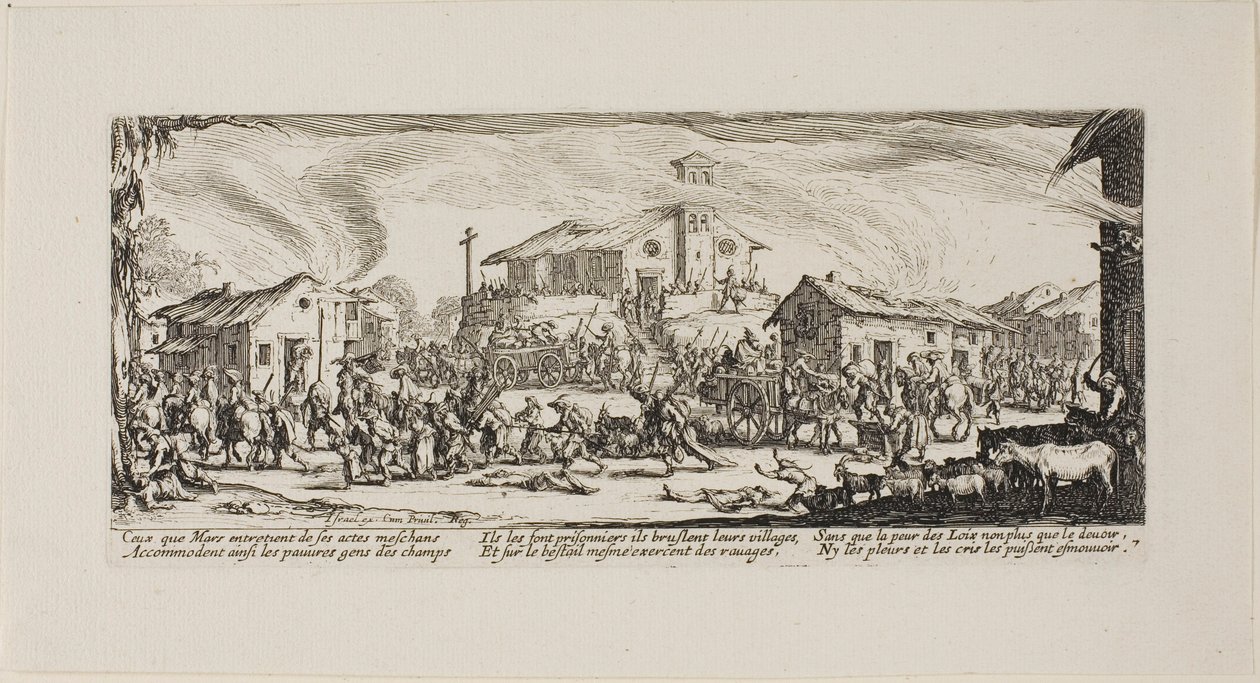 Plundering and Burning a Village, deska sedm z The Miseries of War od Jacques Callot