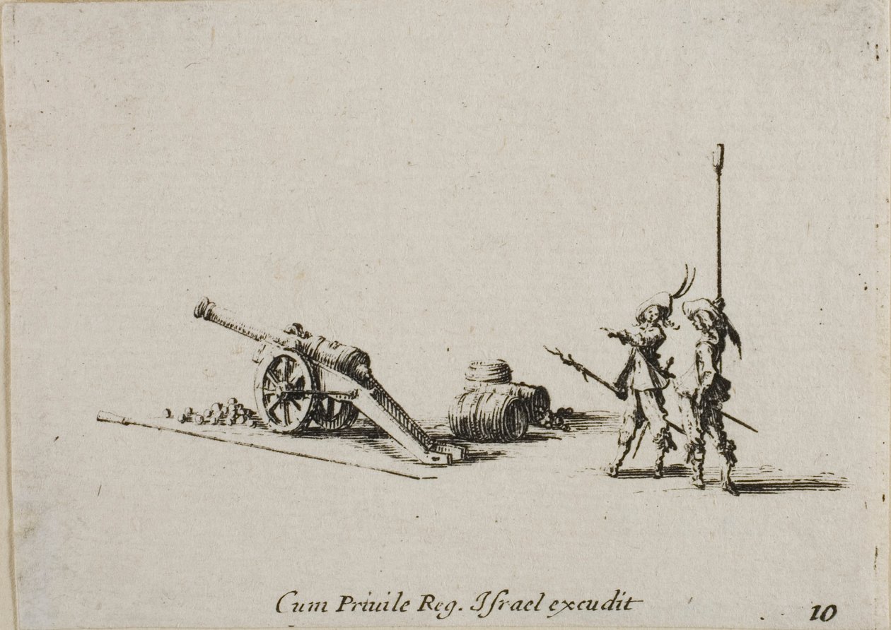 Příprava k vystřelení z kánonu, deska deset z Vojenských cvičení od Jacques Callot