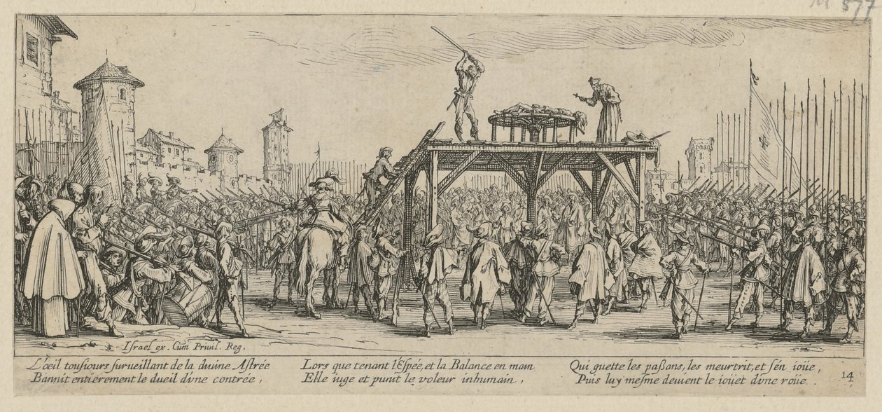 Kolo, list 14 ze série „Hrůzy války“ od Jacques Callot