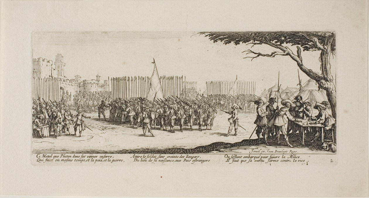Recruitment of Troops, deska dva z The Miseries of War od Jacques Callot