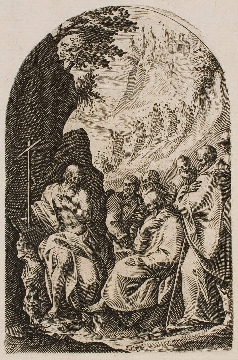 Svatý Jeroným vyučující své učedníky na poušti, ze série "Obrazy Říma" od Jacques Callot
