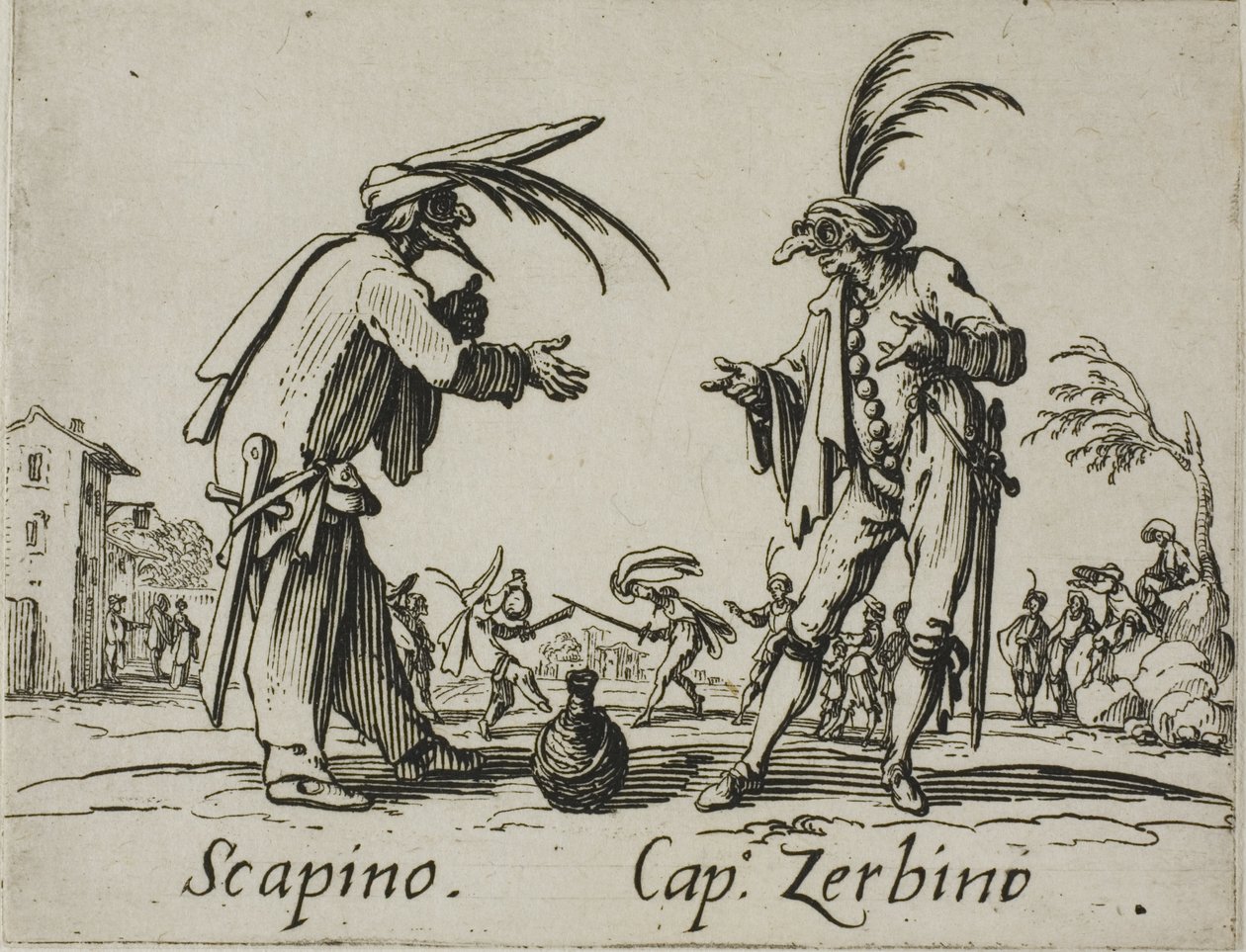 Scapino - Kapitán Zerbino, talíř 12 od Balli di Sfessania od Jacques Callot