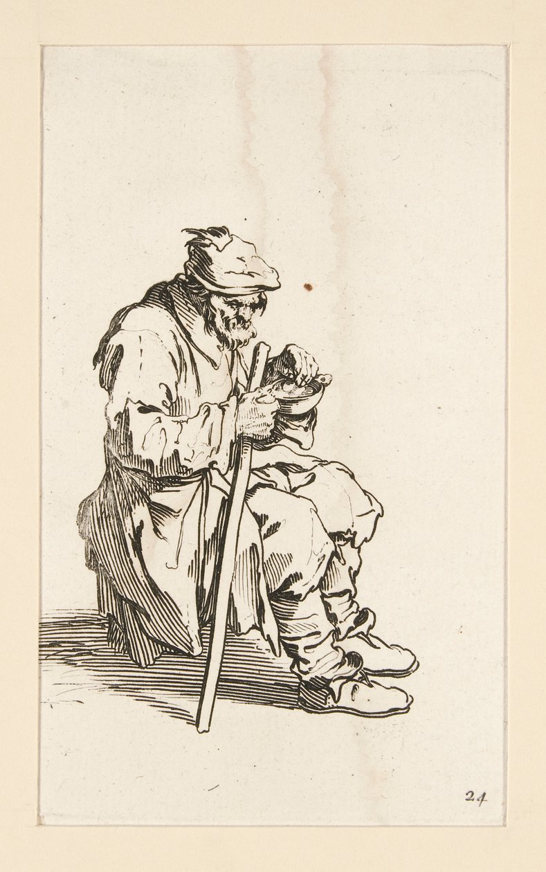 Sedící žebrák, jíst, z The Beggars od Jacques Callot
