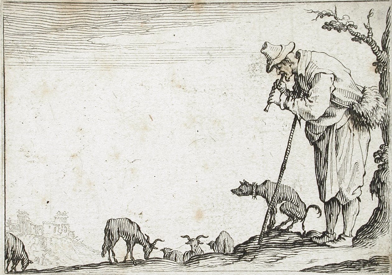 Pastýř hrající na flétnu od Jacques Callot
